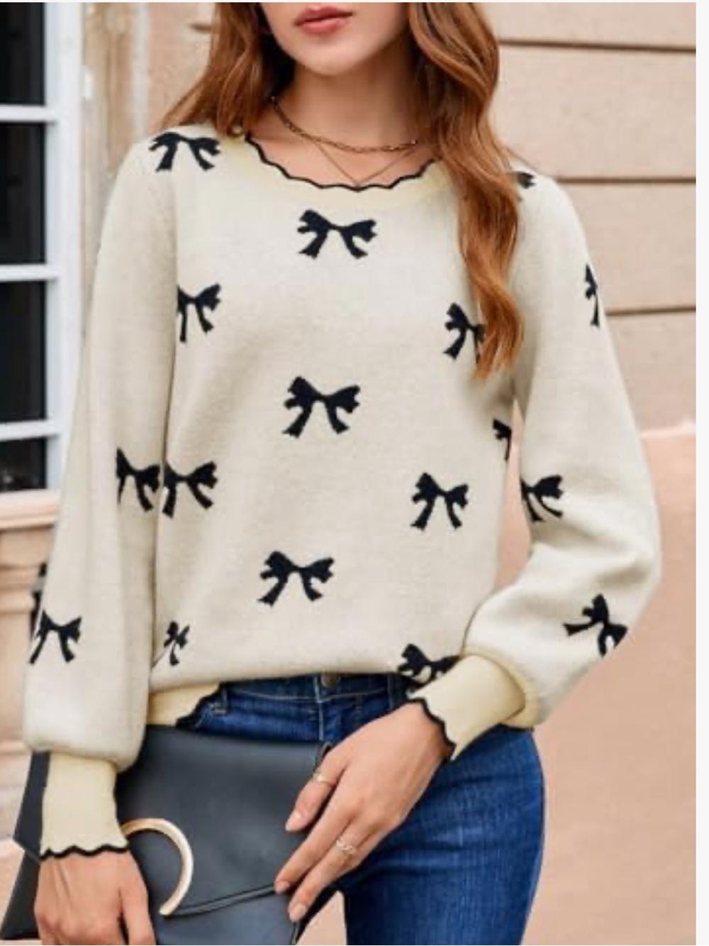 Cicy Bell Crew Neck Long Sleeve Sweater Scallop Trim Knit Lightweight Size XL